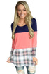 Sexy Black Coral Block Plaid Splice Long Sleeve Top